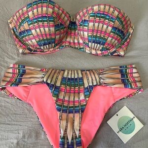 Mara Hoffman Peach Pink & Multicolor Strapless Bandeau Bikini